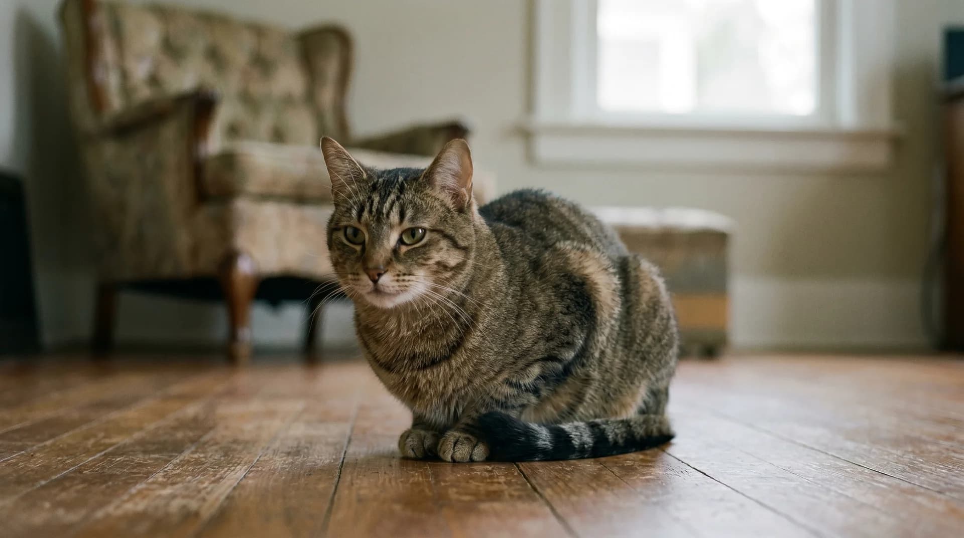 A content tabby cat resting peacefully in soft, warm light